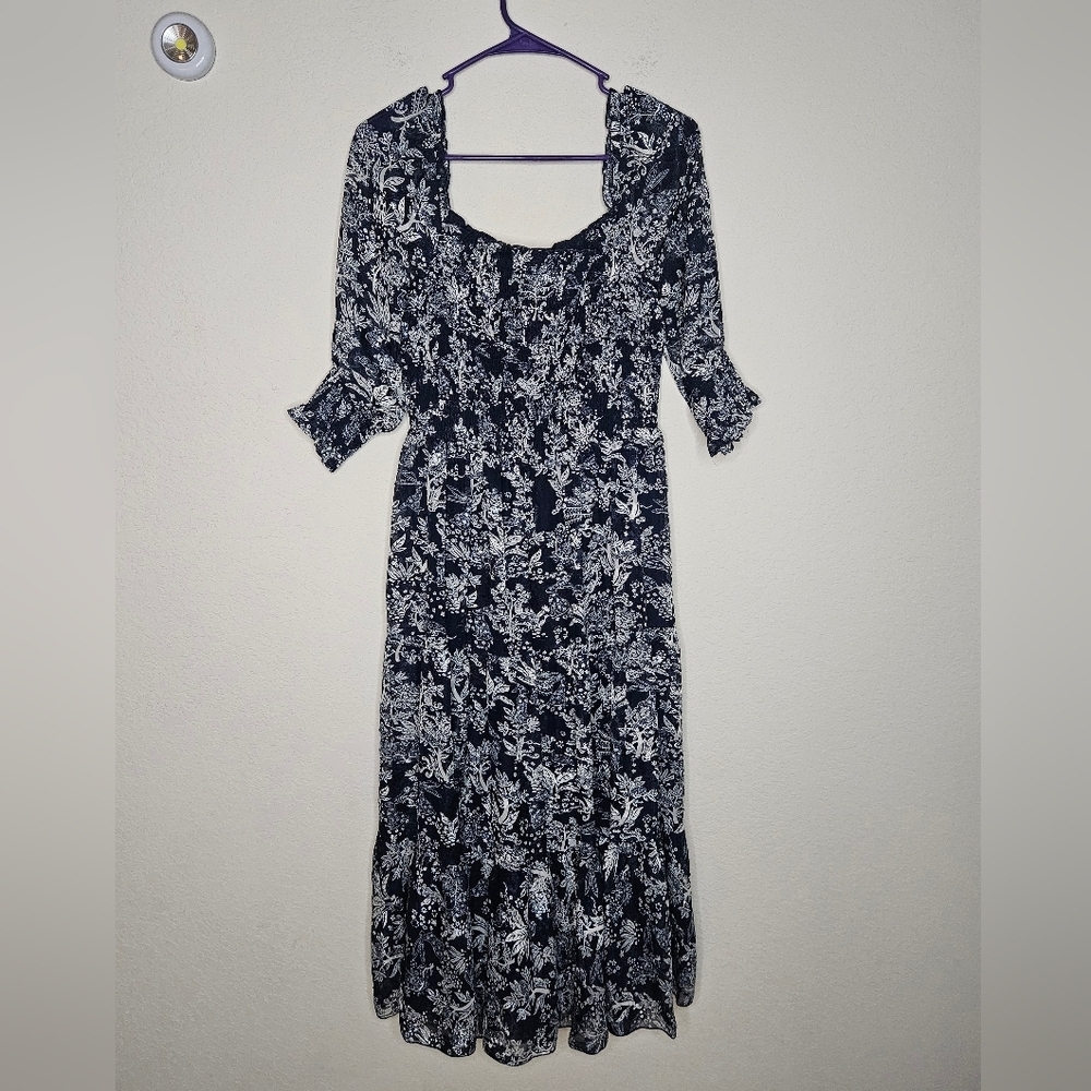 NWT Baltic Born Fabian Jaquard Midi Dress Indigo Print Boho Floral Smocked Puff